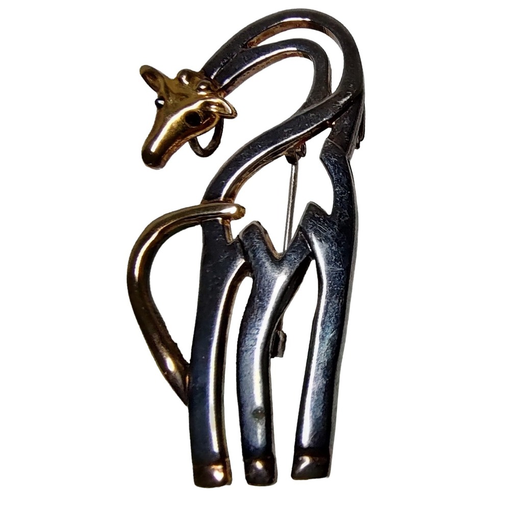 Vintage Signed Best‎ Giraffe Brooch Silver Gold Tone Rhineston Eyes Pin 2.5 Inch